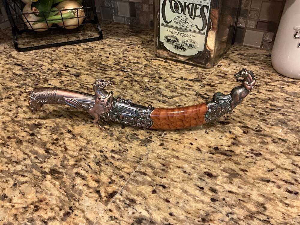 Mongolian Horse Figural Curved Dagger and Scabbard